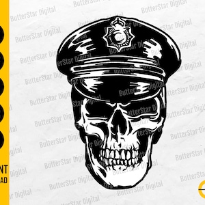 Può includere: Illustrazione in bianco e nero di un teschio con un cappello da poliziotto. L'immagine include il testo "SVG, DXF, PNG, EPS, AI" e "DOWNLOAD IMMEDIATO". Il design è di ButterStar Digital.