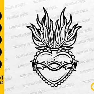 May include: Black and white digital illustration of a Sacred Heart design. The heart is encircled by a crown of thorns and topped with flames. The image includes the text "SVG, DXF, PNG, EPS, AI" and "INSTANT DOWNLOAD".
