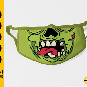 Puede incluir: Una mascarilla verde con un diseño de zombi, que muestra una boca muy abierta, dientes y una lengua roja. La mascarilla tiene un contorno verde claro y presillas para las orejas. Las palabras "SVG, DXF, PNG, EPS, AI" están listadas verticalmente a la izquierda, con "INSTANT DOWNLOAD" debajo.