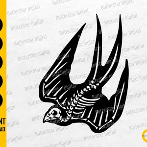 May include: A black and white digital illustration of a bird skeleton in flight. The image includes the text "SVG, DXF, PNG, EPS, AI" and "INSTANT DOWNLOAD". The design is from ButterStar Digital.