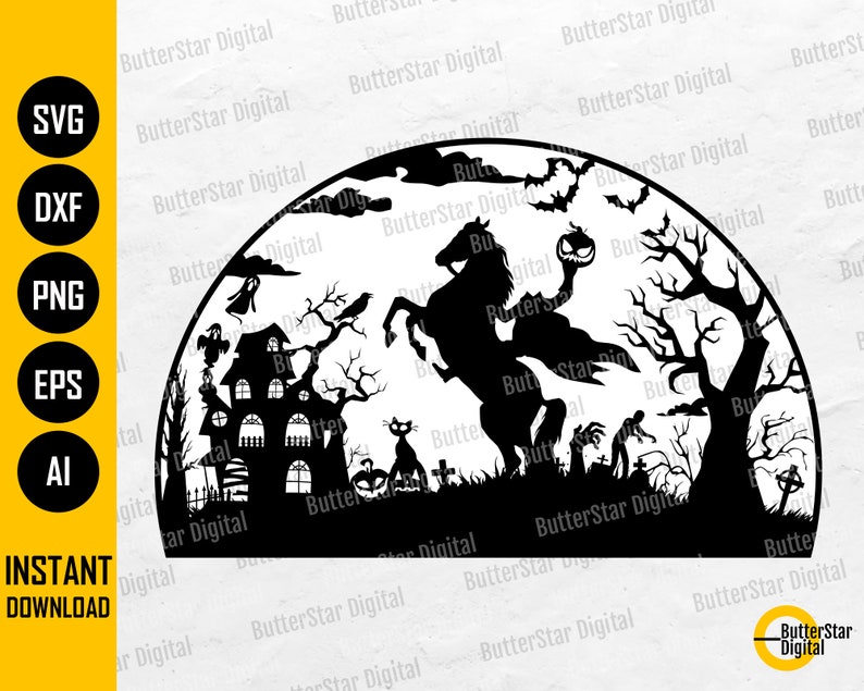 Headless Horseman SVG | Halloween Wall Decor | Sleepy Hollow Monster Decals | Cricut Cut Silhouette Printable Clipart Vector Png Eps Dxf Ai 