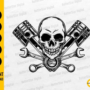 May include: Black and white graphic featuring a skull, crossed wrenches, and two pistons. The design includes the text "SVG, DXF, PNG, EPS, AI" and "INSTANT DOWNLOAD". The image has a mechanic or biker theme.
