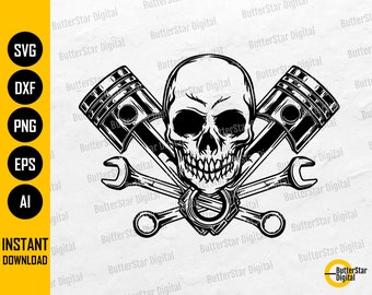 Piston Skull SVG | Crossbones SVG | Mechanic T-Shirt Decal Sticker Graphics | Cutting Files Printable Clip Art Vector Digital Dxf Png Eps Ai