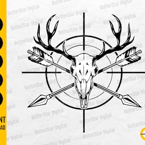 May include: Black and white graphic featuring a deer skull with antlers, crossed arrows, and a target. The design includes the text "SVG, DXF, PNG, EPS, AI" and "INSTANT DOWNLOAD". The image has a hunting or outdoor theme.