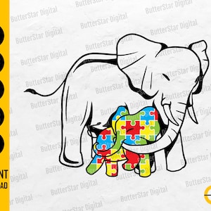 May include: A black and white line drawing of an adult elephant embracing a baby elephant. The baby elephant is filled with a colorful puzzle piece design. The image includes the text "SVG, DXF, PNG, EPS, AI" and "INSTANT DOWNLOAD".