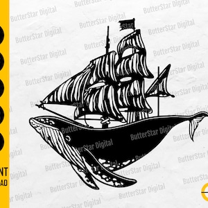 Puede incluir: Ilustración en blanco y negro de un barco de vela sobre una ballena. La imagen incluye las palabras "SVG, DXF, PNG, EPS, AI" y "DESCARGA INSTANTÁNEA". El diseño es de ButterStar Digital.