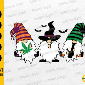 May include: Digital illustration of three gnomes with white beards and hats. One gnome holds a cannabis leaf, another a witch hat, and the third a smoking pipe. Bats fly above them. The image includes the text "INSTANT DOWNLOAD".