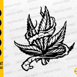 May include: Black and white cannabis leaf design. The image includes the text "SVG, DXF, PNG, EPS, AI" and "INSTANT DOWNLOAD". The design is a digital file.