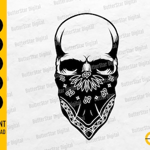 Könnte beinhalten: Schwarz-weiße Grafik eines Schädels mit einem Bandana. Das Bandana hat ein Paisley-Muster. Das Bild enthält auch den Text "SVG, DXF, PNG, EPS, AI" und "INSTANT DOWNLOAD".