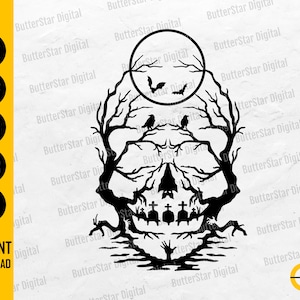 May include: Black and white Halloween-themed digital design featuring a skull formed by tree branches, a full moon, bats, and crows. The design includes a graveyard scene and the words "INSTANT DOWNLOAD" and file type icons.