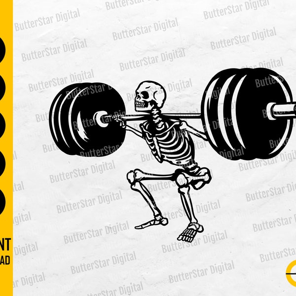 Skeleton Barbell Squat SVG | Gym Sticker Decal Vinyl T-Shirt Graphics | Cricut Cutting File Silhouette Clipart Vector Digital Dxf Png Eps Ai