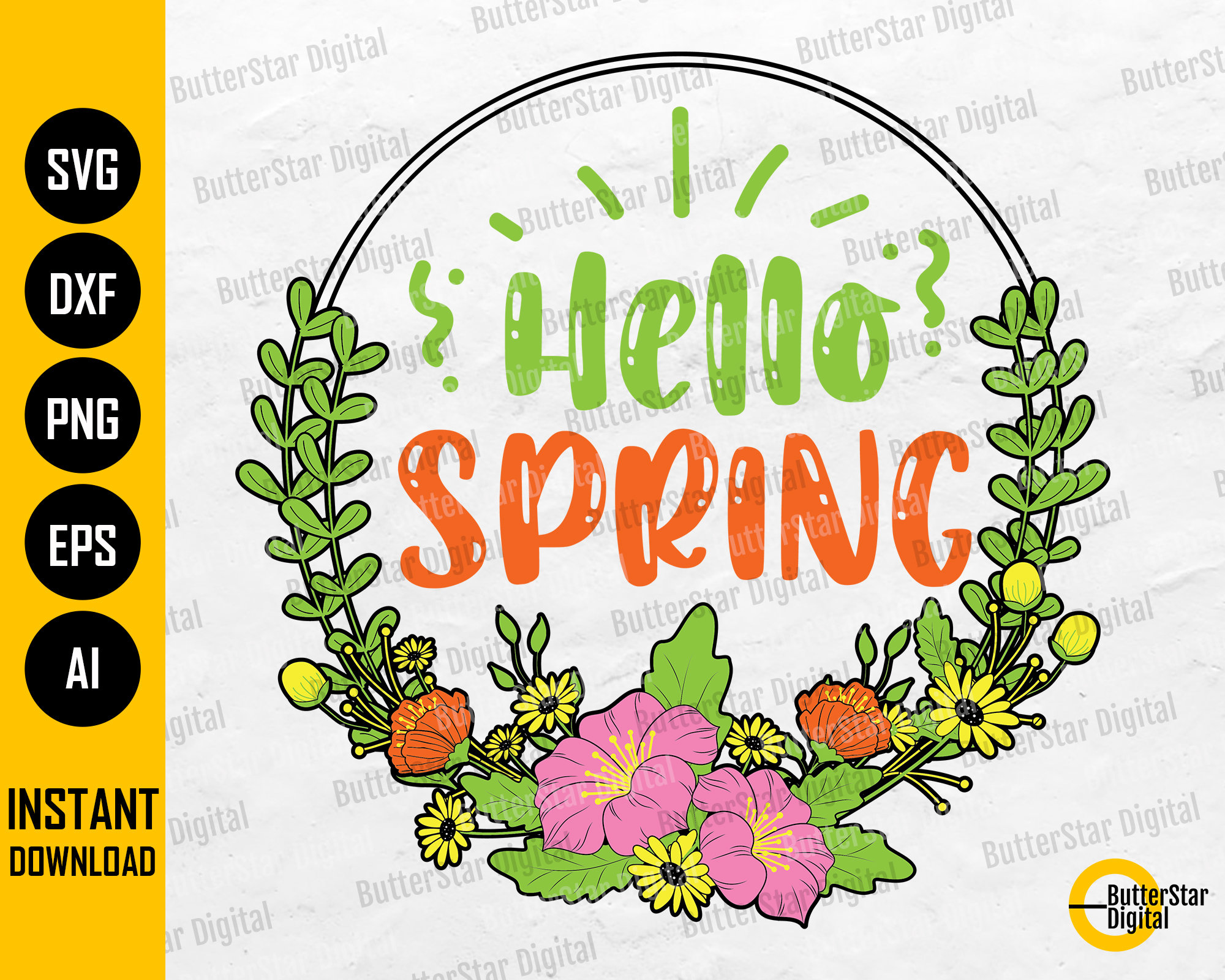 Hello Spring SVG | Floral Wreath SVG | Cute Flowers Floral Sign Decor ...