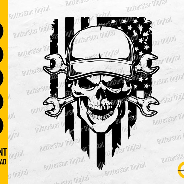US Skull Mechanic SVG | USA Crossbones Svg | American Mechanic T-Shirt Decal | Cutting File Printable Clipart Vector Digital Dxf Png Eps Ai