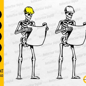 May include: Black and white digital illustration of two skeleton figures wearing hard hats and holding blueprints. The image includes the text "SVG, DXF, PNG, EPS, AI" and "INSTANT DOWNLOAD". The logo for ButterStar Digital is also present.