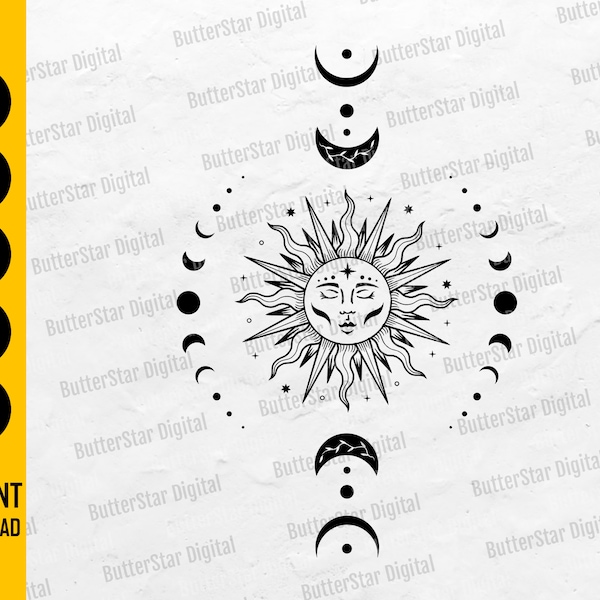 Soleil et Lune SVG | Boho SVG | | SVG céleste Phase de Lune Svg | Mystique Svg | Cricut Silhouette Cameo Clipart Vector Numérique Dxf Png Eps Ai