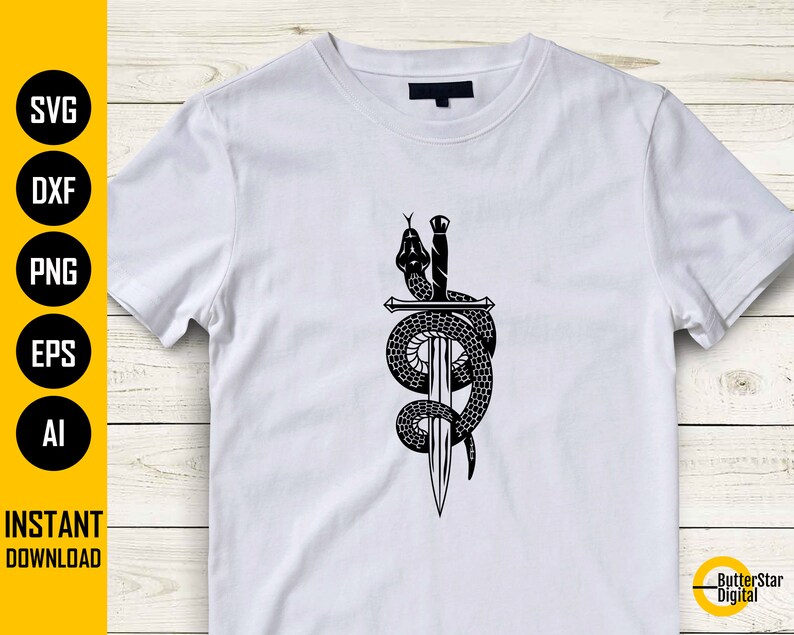 May include: White t-shirt featuring a black graphic of a snake coiled around a sword. The design includes the text "SVG, DXF, PNG, EPS, AI" and "INSTANT DOWNLOAD". The ButterStar Digital logo is visible.