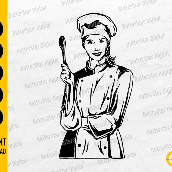 Dame Chef SVG | Femme cuisinier SVG | Cuisine SVG | Cuillère à couteau de cuisine Restaurant Cafe Diner | Couper des fichiers Clipart vectoriel numérique Dxf Png Eps Ai