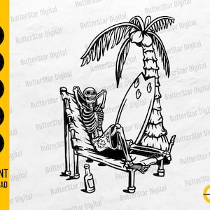 Puede incluir: Ilustración en blanco y negro de un esqueleto relajándose en una silla de playa bajo una palmera, con una tabla de surf y una botella. Incluye el texto "INSTANT DOWNLOAD".