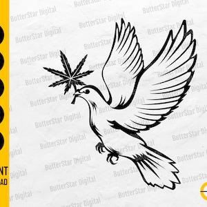 Pode incluir: Ilustração a preto e branco de uma pomba carregando uma folha de cannabis no bico. A imagem inclui as palavras "SVG", "DXF", "PNG", "EPS", "AI" e "INSTANT DOWNLOAD". O logotipo da ButterStar Digital também está presente.