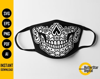 Day Of The Dead Face Mask SVG | Dia De Los Muertos Skull Facemask | Cricut Cutting File | Clipart Vector | Digital Download Png Eps Pdf Ai