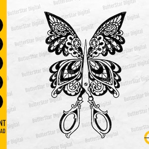 May include: Black and white butterfly design with scissors, a digital SVG, DXF, PNG, EPS, and AI file. The image includes the text "INSTANT DOWNLOAD" and the ButterStar Digital logo.