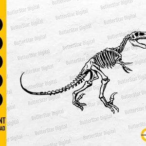May include: Black and white illustration of a dinosaur skeleton. The image includes the words "SVG, DXF, PNG, EPS, AI" and "INSTANT DOWNLOAD". The dinosaur is in a standing position with its mouth open.