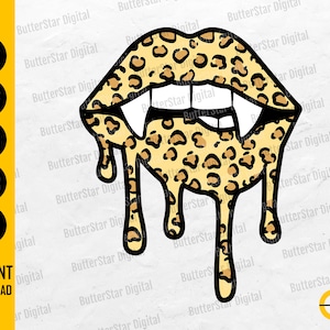 Puede incluir: Gráfico digital de labios goteando con un estampado de leopardo. Los labios tienen colmillos y están delineados en negro. La imagen incluye el texto "DESCARGA INSTANTÁNEA" y opciones de tipo de archivo: SVG, DXF, PNG, EPS y AI.