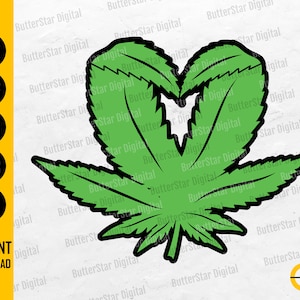 May include: A green cannabis leaf graphic with a heart-shaped cutout in the center. The leaf has a black outline and is set against a white background. Text on the left side indicates file formats: SVG, DXF, PNG, EPS, and AI. The words "INSTANT DOWNLOAD" are at the bottom.