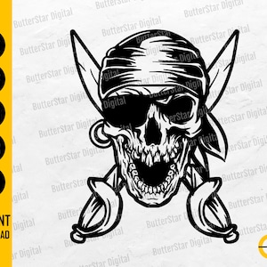 Könnte beinhalten: Schwarz-weiße Illustration eines Piratenschädels mit gekreuzten Schwertern. Der Schädel trägt ein Bandana und eine Augenklappe. Enthält den Text "SVG, DXF, PNG, EPS, AI" und "INSTANT DOWNLOAD".