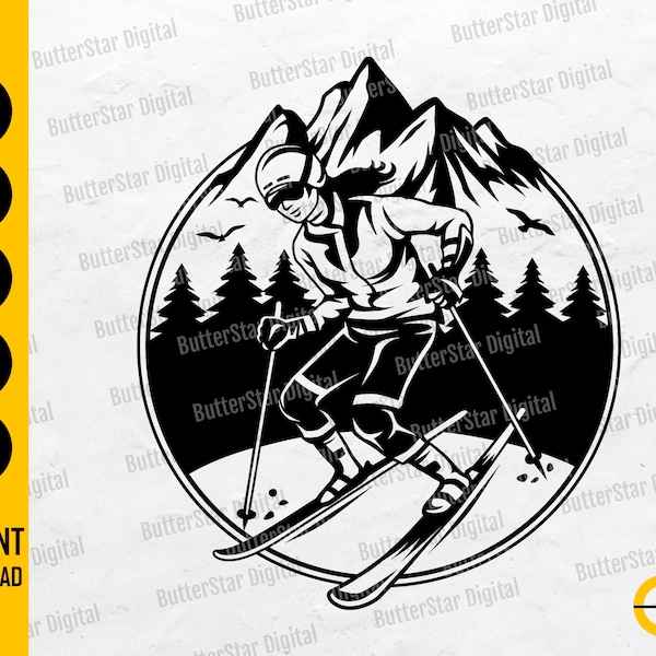 Skier Scene SVG | Skiing T-Shirt Decal Sticker Graphics | Cricut Cutting File Silhouette CNC Printable Clipart Vector Digital Dxf Png Eps Ai