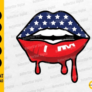 Könnte beinhalten: Eine digitale Grafik von stilisierten Lippen mit patriotischem Thema. Die Oberlippe zeigt ein blaues und weißes Sternmuster, während die Unterlippe rot mit tropfenden roten Akzenten ist. Der Text "SOFORT-DOWNLOAD" ist enthalten.