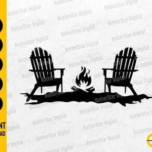 May include: A black silhouette depicting two Adirondack chairs arranged around a campfire. The image features a bonfire with flames and logs, evoking a sense of outdoor leisure. Text includes "SVG, DXF, PNG, EPS, AI, INSTANT DOWNLOAD".