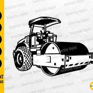 May include: Black and white illustration of a road roller, a construction vehicle. The image includes the text "SVG, DXF, PNG, EPS, AI" and "INSTANT DOWNLOAD". The design is for digital use.