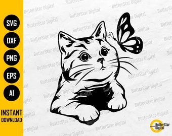 Cat Looking At Butterfly SVG | Curious Kitten SVG | Peeking Face SVG | Cricut Cutting File Silhouette Clipart Vector Digital Dxf Png Eps Ai