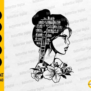 May include: A black and white digital illustration of a woman's profile, with a library silhouette within her hair. She wears glasses and is framed by flowers. The image includes the text "INSTANT DOWNLOAD" and file type icons.
