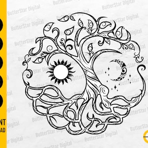 May include: A black and white digital design featuring a tree with sun and moon symbols. The tree's branches and roots are arranged in a circular pattern. The design includes the text "SVG, DXF, PNG, EPS, AI, INSTANT DOWNLOAD".