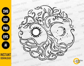 Tree Of Life With Sun And Moon SVG | Celtic Tree With Roots | Cricut Silhouette Cutting File Printable Clipart Vector Digital Dxf Png Eps Ai