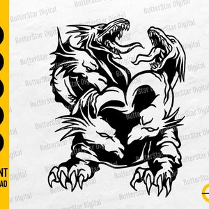 Puede incluir: Ilustración digital en blanco y negro de un dragón de tres cabezas con garras afiladas y bocas abiertas. La imagen incluye el texto "SVG, DXF, PNG, EPS, AI, DESCARGA INSTANTÁNEA".