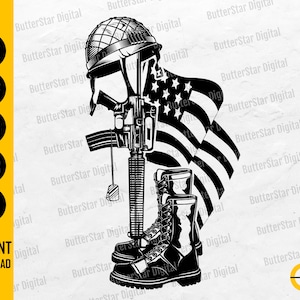 May include: Black and white graphic of a soldier's helmet, rifle, boots, and an American flag. The image includes the text "INSTANT DOWNLOAD" and file type options: SVG, DXF, PNG, EPS, and AI. The design is a tribute to military service.