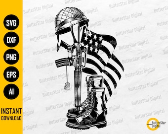 戦死した兵士へのトリビュート SVG | 米軍戦争英雄ブーツ ドッグタグ 銃 ヘルメット 米国旗 | Cricut シルエット 印刷可能 クリップアート デジタル PNG EPS DXF Ai