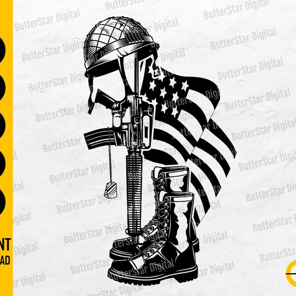 Fallen Soldier Tribute SVG | US Army War Hero Boots Dog Tag Gun Helmet USA Flag | Cricut Silhouette Printable Clipart Digital Png Eps Dxf Ai