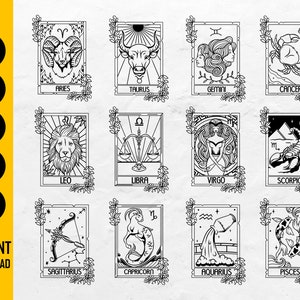 Zodiac Sign Floral Cards BUNDLE SVG | Horoscope T-Shirt Decal Gift Symbol Decor | Cricut Silhouette Printable Clipart Digital Dxf Png Eps Ai