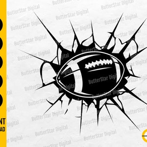 May include: A monochrome graphic depicting a football breaking through a cracked surface. Text includes "SVG, DXF, PNG, EPS, AI" and "INSTANT DOWNLOAD". This design is intended for digital applications.