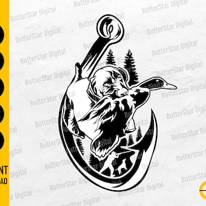 May include: Black and white graphic of a hunting scene. A dog holds a duck in its mouth, framed by a large hook. Pine trees and a hunter with a dog are also depicted. Text includes "SVG, DXF, PNG, EPS, AI" and "INSTANT DOWNLOAD".