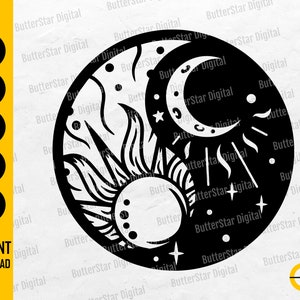May include: Black and white circular design featuring a sun and moon with stars. The sun is on the bottom, and the moon is on the top. The design includes the text "SVG, DXF, PNG, EPS, AI" and "INSTANT DOWNLOAD".