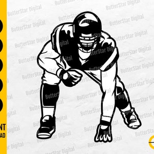 May include: Black and white illustration of a football player in a crouched stance, wearing a helmet and pads. The image includes the words "SVG, DXF, PNG, EPS, AI" and "INSTANT DOWNLOAD".