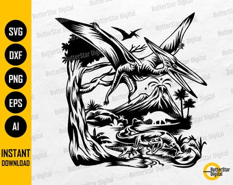 Pterodactyl Dinosaur Scene SVG | Dino T-Shirt Stencil Vinyl Illustration Graphics | Cut Files Clipart Vector Digital Download Dxf Png Eps Ai
