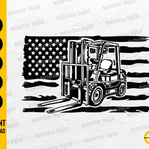 May include: Black and white graphic of a forklift superimposed over a distressed American flag. The image includes the text "SVG, DXF, PNG, EPS, AI, INSTANT DOWNLOAD". The forklift is facing right.