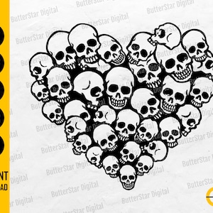 Skulls Heart SVG | Love SVG | Gothic T-Shirt Decal Tattoo Graphics Design | Cricut Silhouette Cuttable Clipart Vector Digital Dxf Png Eps Ai