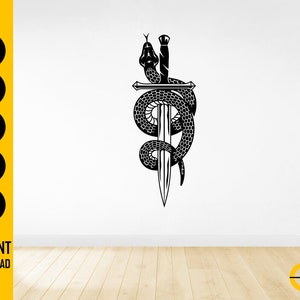 May include: Black and white illustration of a snake coiled around a sword. The snake's head is at the top, with the sword's hilt and blade visible. The image includes the text "SVG, DXF, PNG, EPS, AI" and "INSTANT DOWNLOAD".